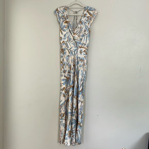 Bec Bridge Stella Maxi Dress Satin V Neck Open Back Beige Blue Floral Print 6 US - Picture 3 of 16